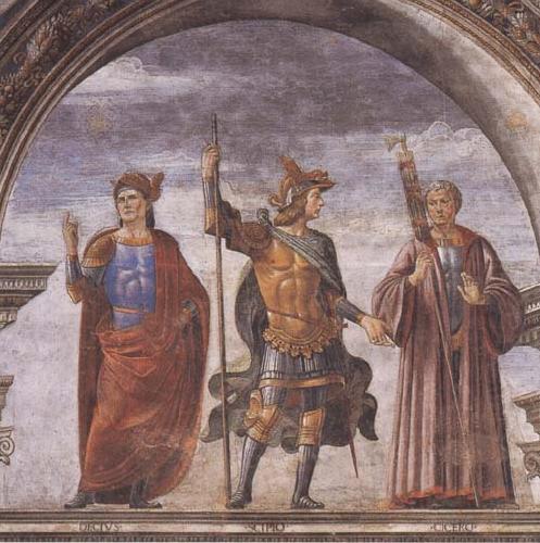 Sandro Botticelli Domenico Ghirlandaio and Assistants,The Roman heroes Decius Mure,Scipio and Cicero china oil painting image